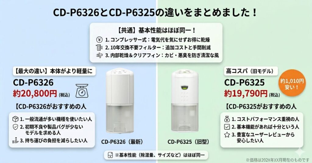 CD-P6326とCD-P6325の違いを比較！どちらがおすすめ？コロナ除湿機について解説_結論01