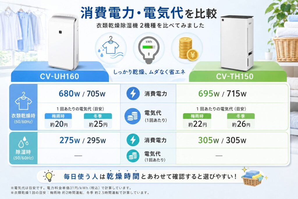 CV-UH160とCV-TH150の違いを比較！どちらがおすすめ？シャープ除湿機について解説_電力01