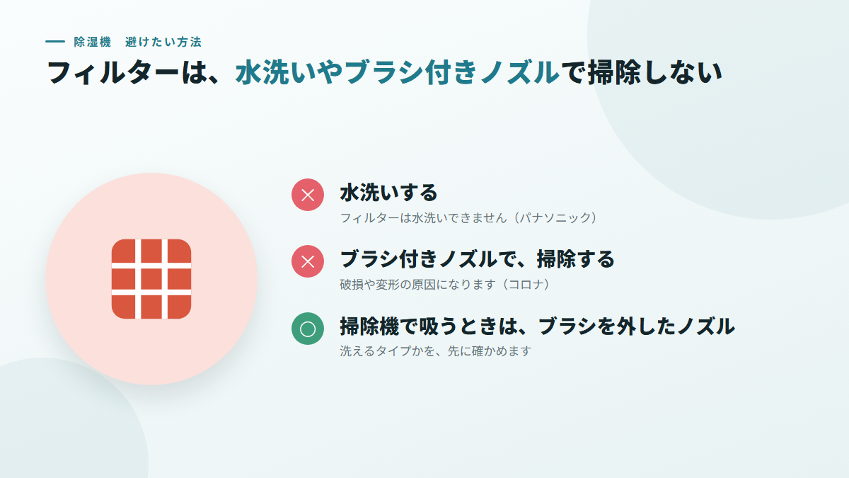 フィルターは、水洗いやブラシ付きノズルで掃除しない(図)
