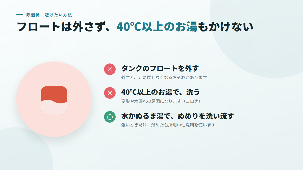 タンクのフロートは外さず、40℃以上のお湯もかけない(図)