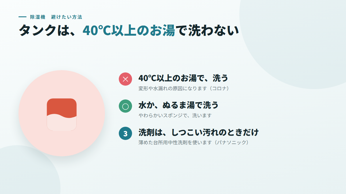 タンクは、40℃以上のお湯で洗わず、洗剤を選んで使う(図)