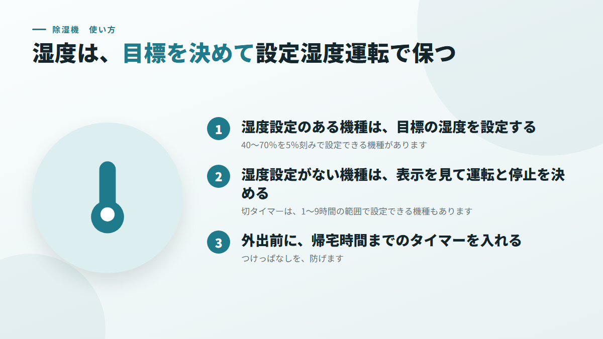 湿度は、目標を決めて、設定湿度運転で保つ(図)