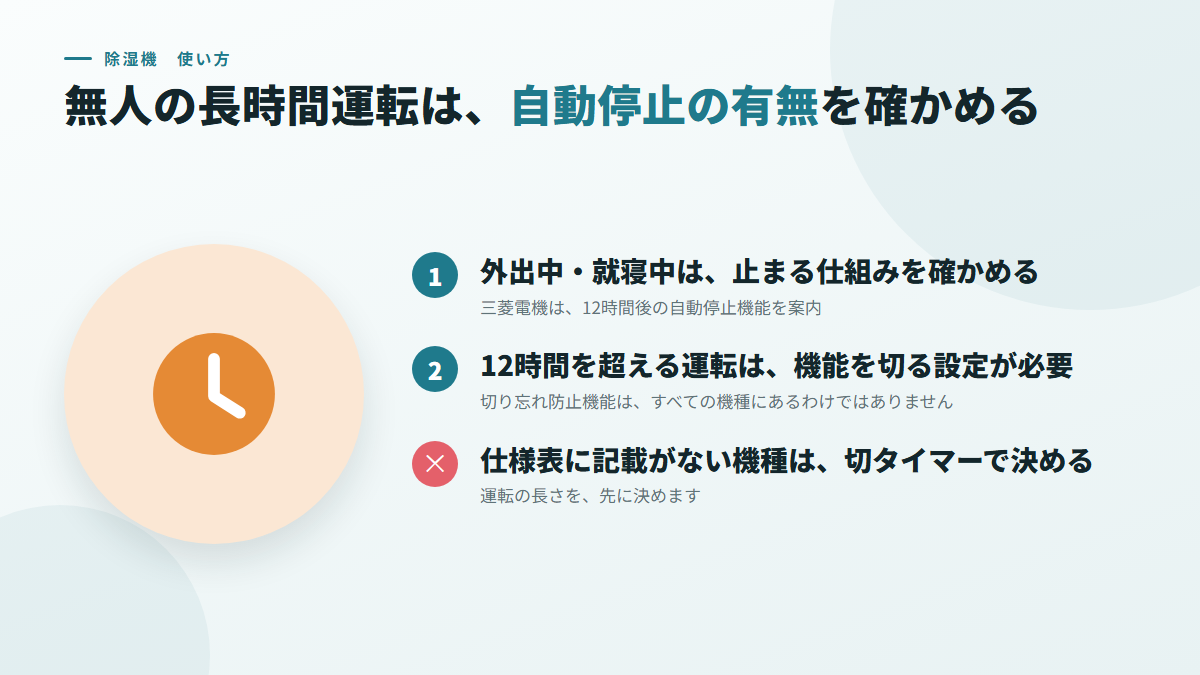 無人の長時間運転は、自動停止の有無を確かめて使う(図)