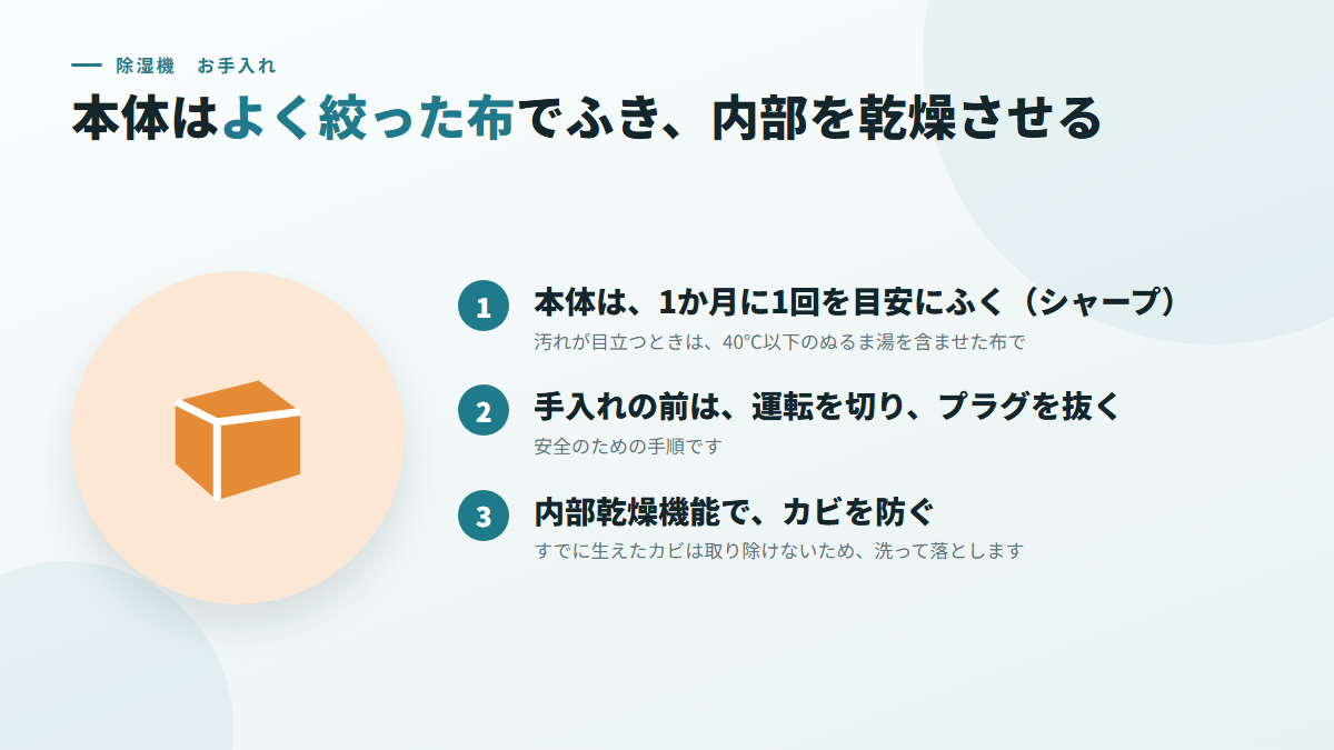 本体は、よく絞った布でふき、使い終わりは内部を乾燥させる(図)