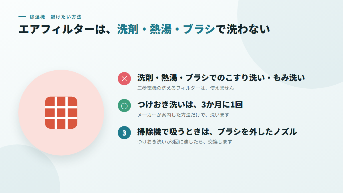エアフィルターは、洗剤・熱湯・ブラシで洗わない(図)